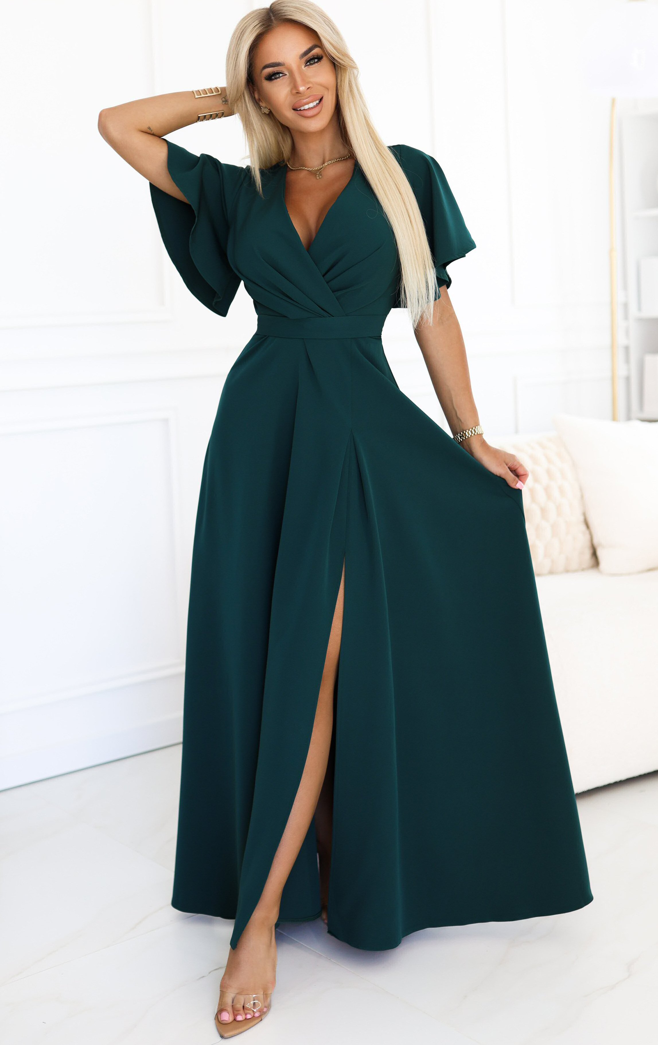 Numoco Rochie eleganta lunga verde smarald vaporoasa petrecuta Kasandra
