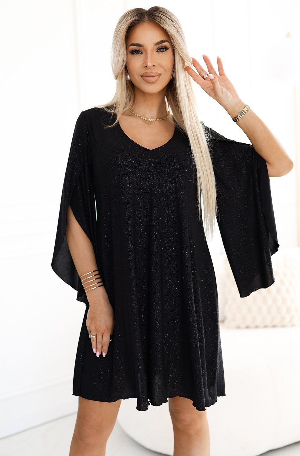 Numoco Rochie eleganta midi neagra cu glitter si maneca lunga A-line LiviaN