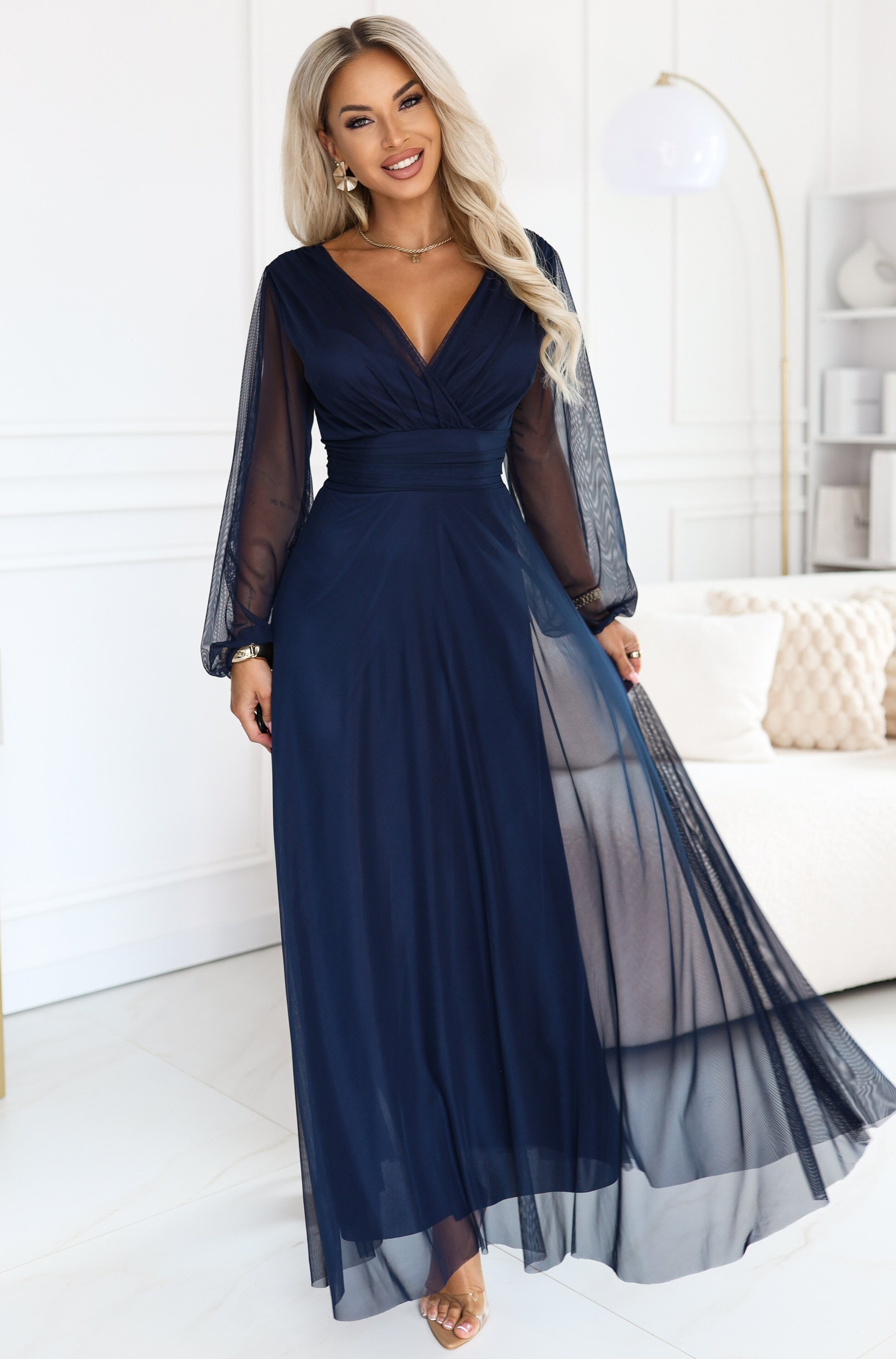 Numoco Rochie lunga bleumarin din tulle cu maneca lunga Nerissa