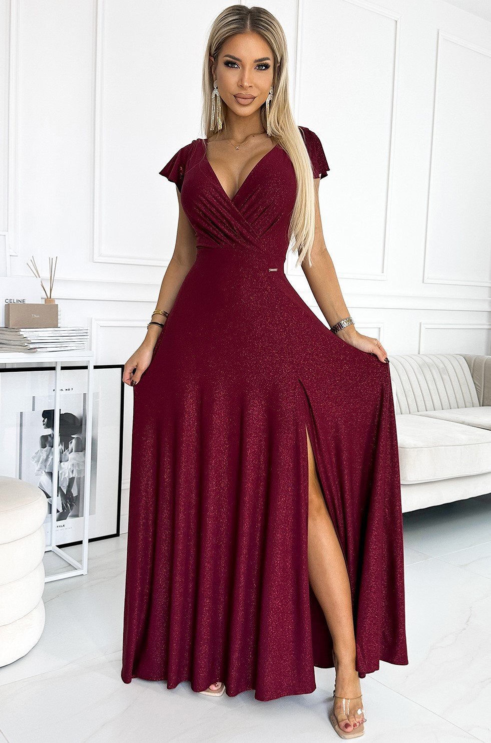 Numoco Rochie lunga burgundy din glitter petrecuta crapata pe picior Cristaliza