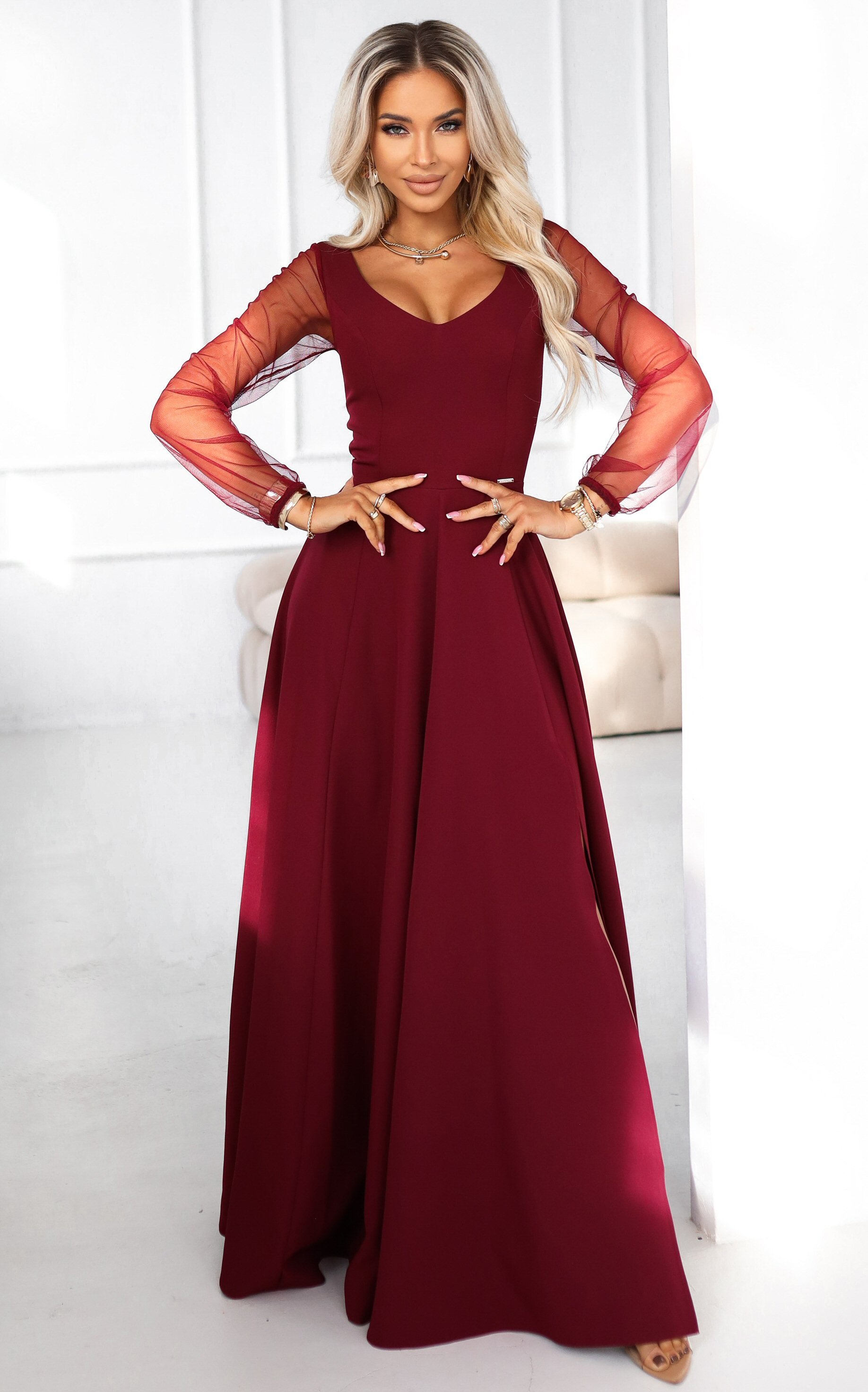 Numoco Rochie lunga clasica burgundy cu maneca lunga vaporoasa Lorretta