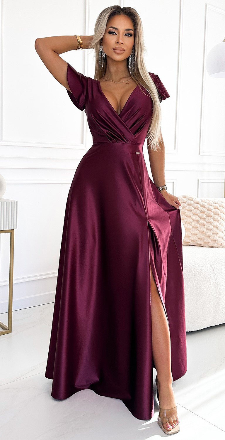 Numoco Rochie lunga din satin burgundy Cristaliza