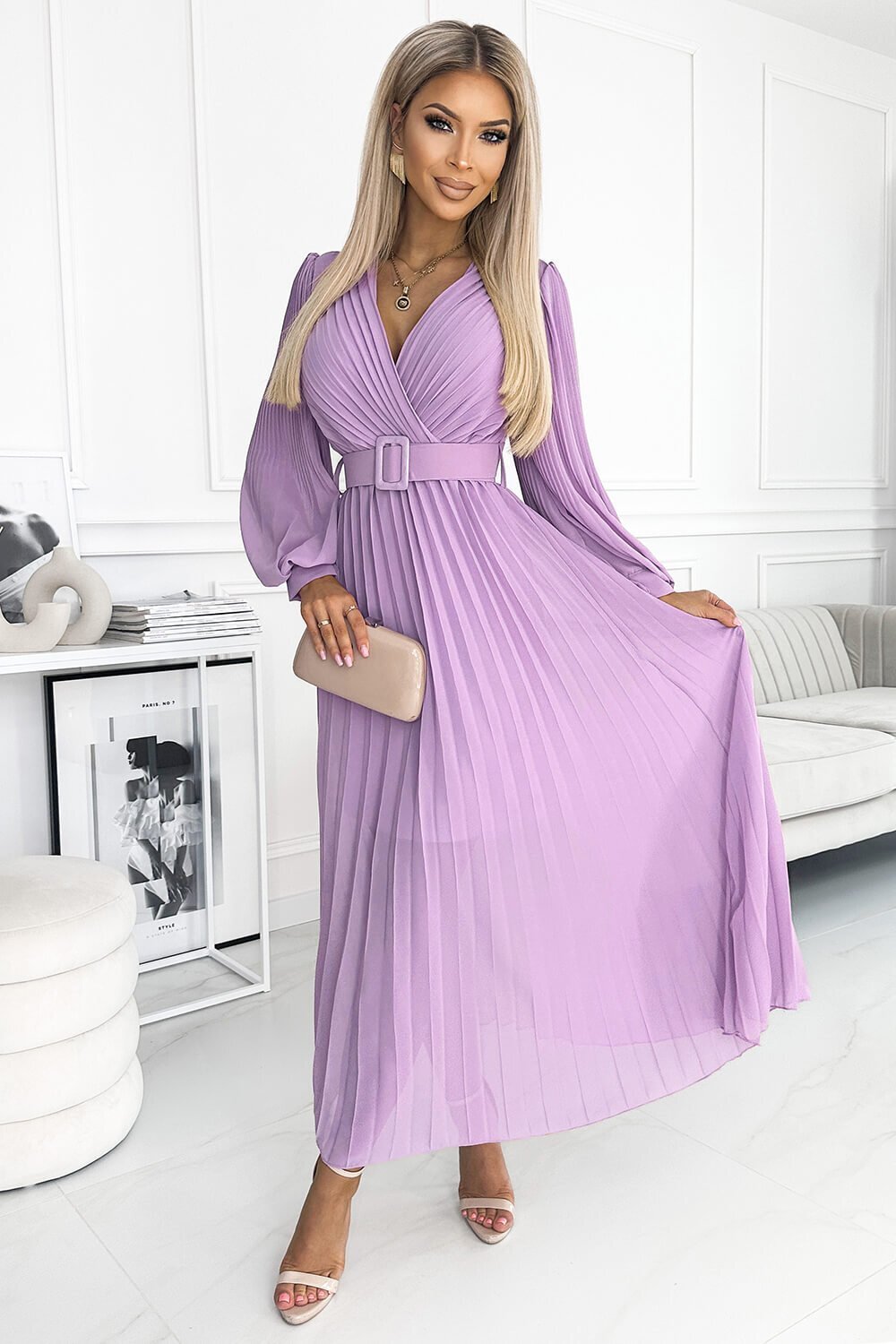 Numoco Rochie lunga plisata din chiffon lila cu maneca lunga vaporoasa Vaneira