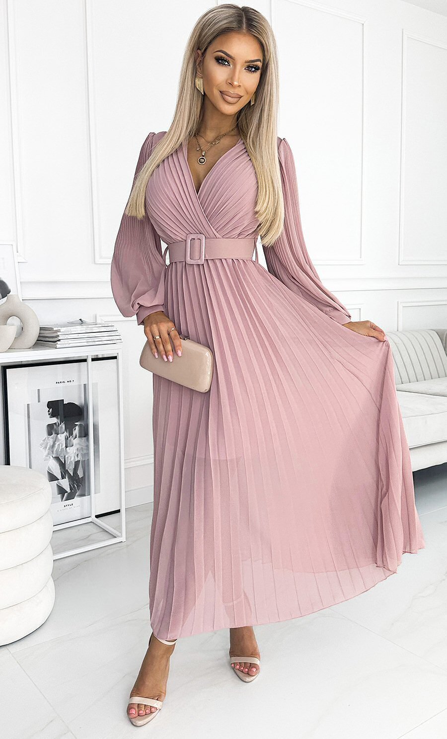 Numoco Rochie lunga plisata din chiffon roz pudrat cu maneca lunga vaporoasa Vaneira