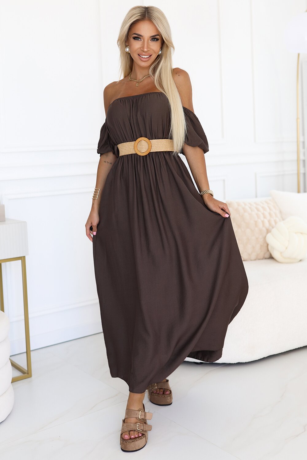 Numoco Rochie lunga vascoza maro ciocolata boho cu umerii goi vaporoasa Marlowe