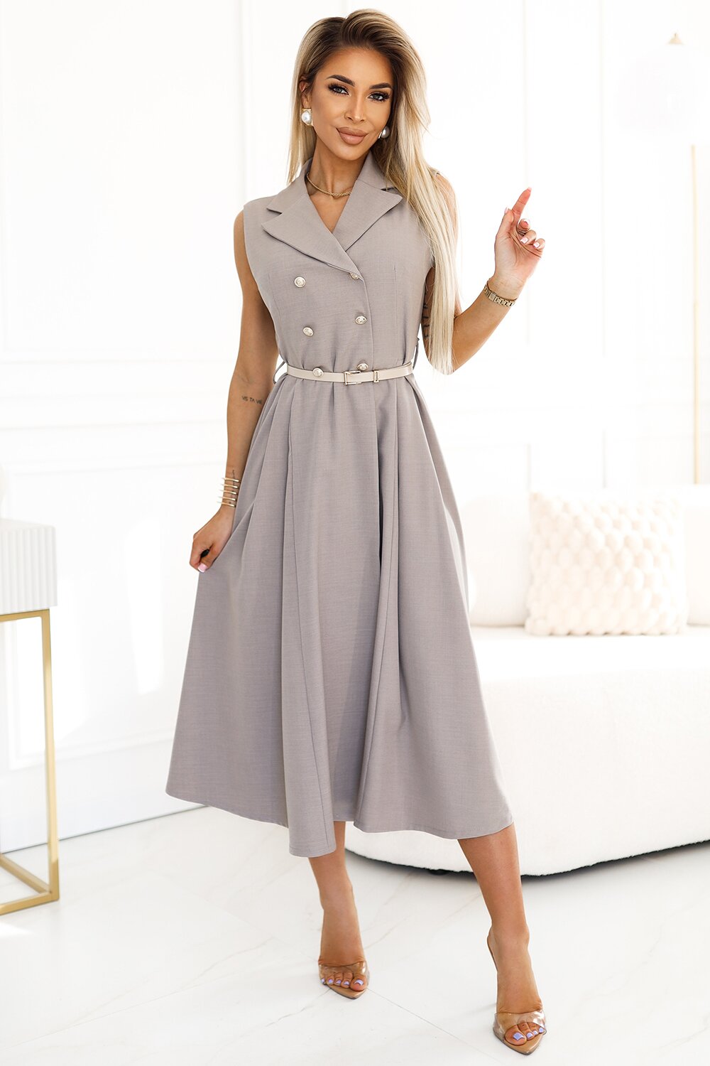 Numoco Rochie midi tip camasa gri evazata Anemona
