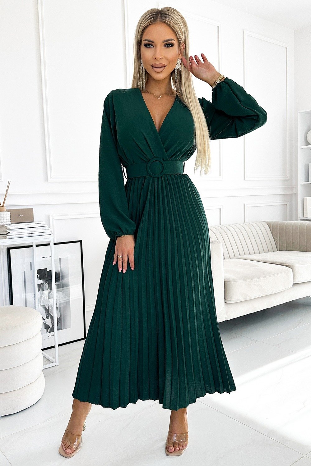 Numoco Rochie midi verde smarald din voal plisata cu maneca lunga Viviana
