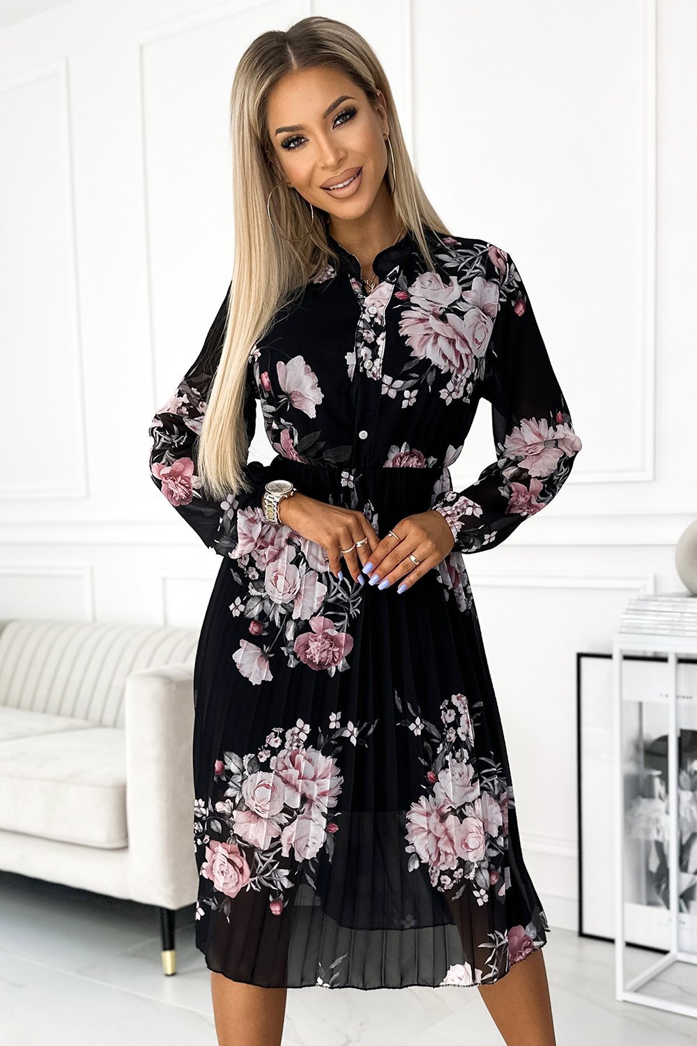 Numoco Rochie neagra cu flori roz plisata midi cu maneca lunga vaporoasa Ruth