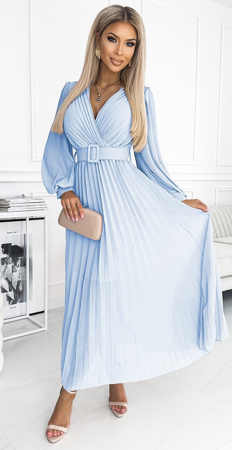 Numoco Rochie plisata lunga din voal chiffon bleu cu maneca lunga vaporoasa Vaneira