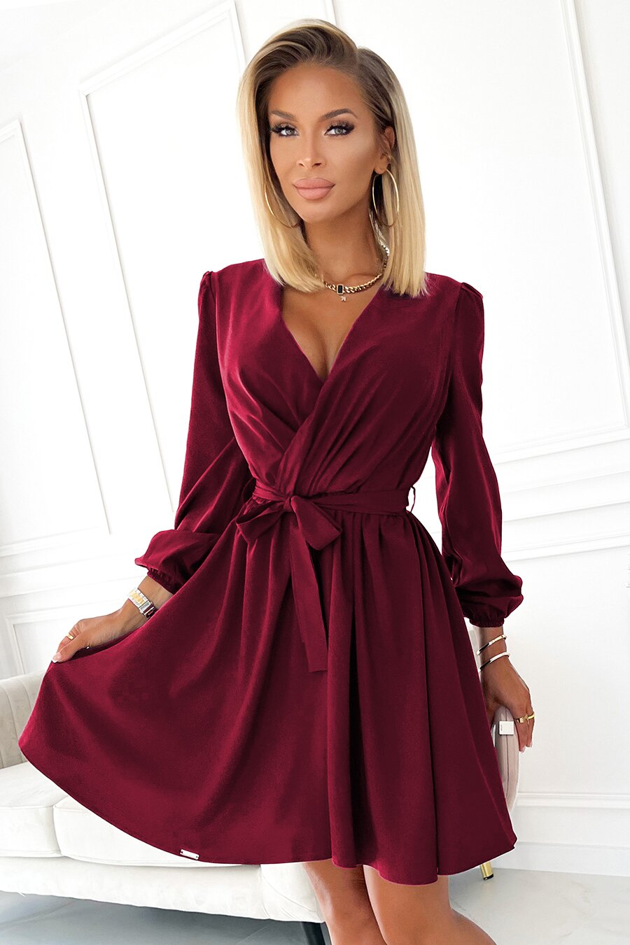 Numoco Rochie scurta burgundy cu maneca lunga petrecuta vaporoasa Aurora