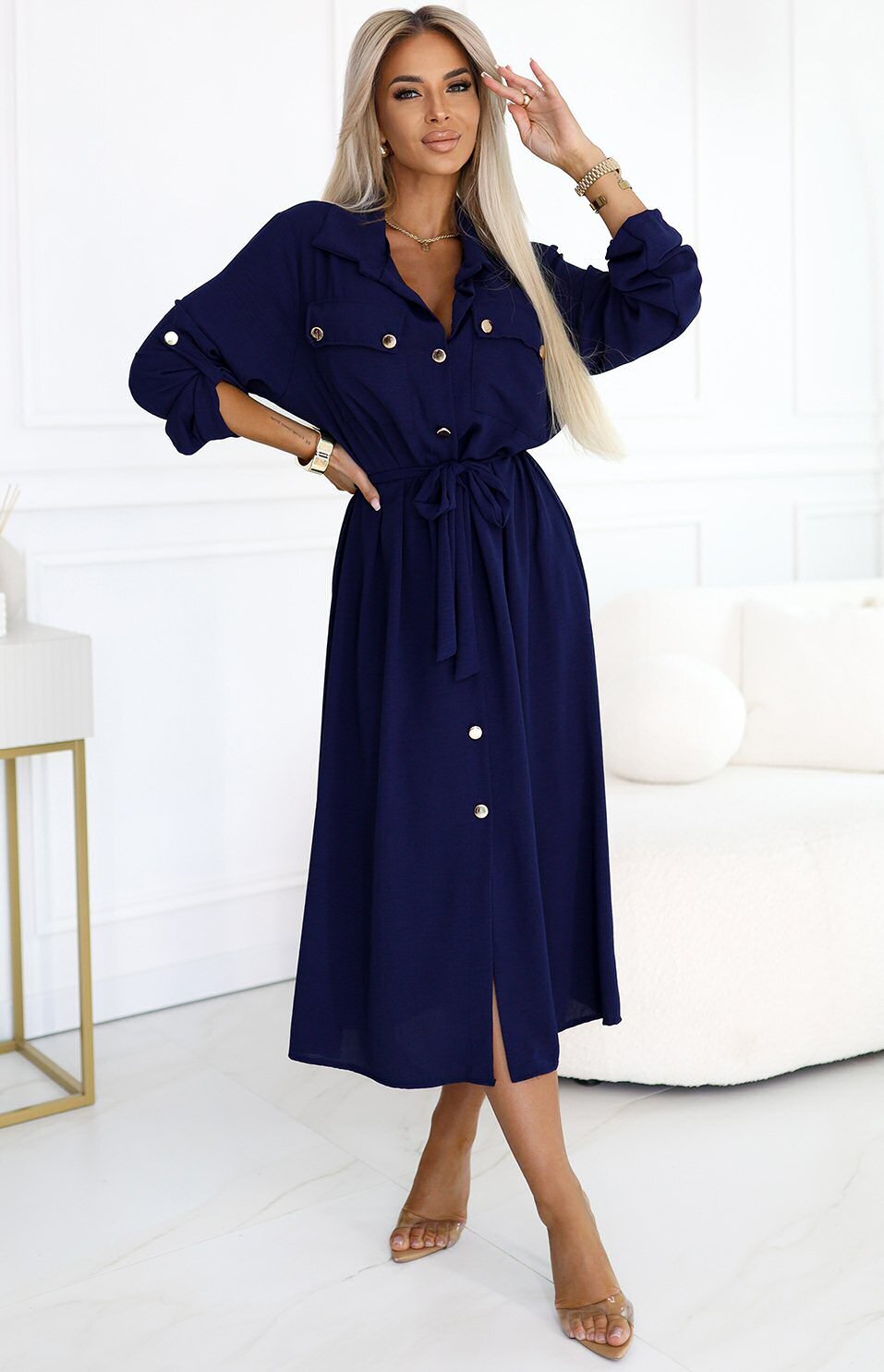 Numoco Rochie tip camasa bleumarin navy midi cu maneca lunga Asiyah
