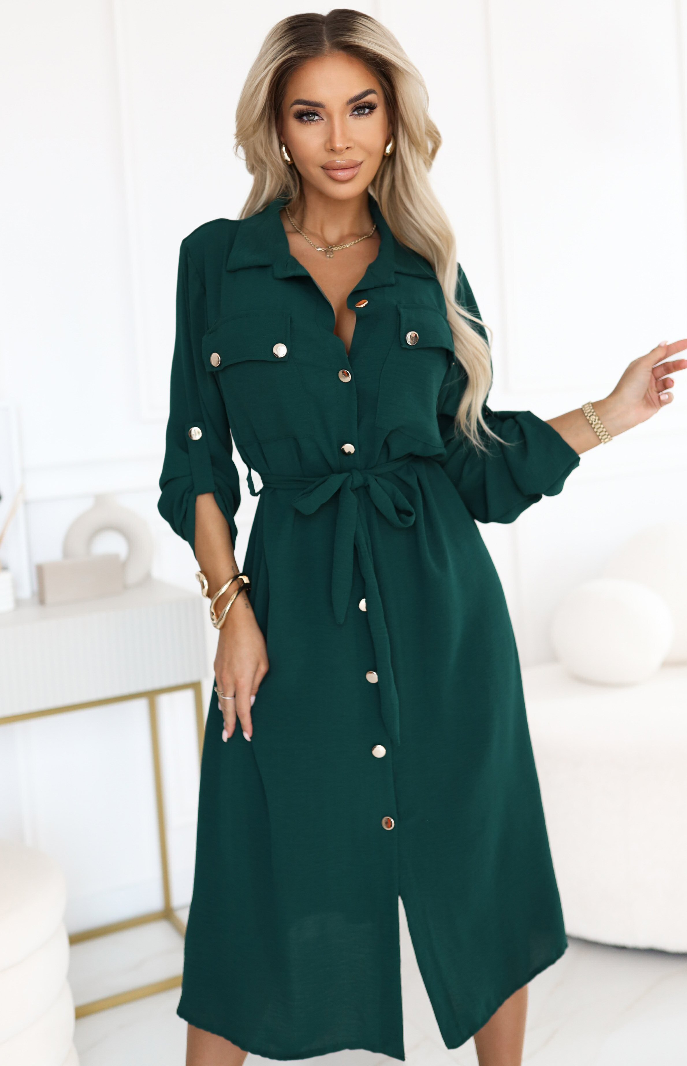 Numoco Rochie tip camasa verde midi cu maneca lunga Asiyah