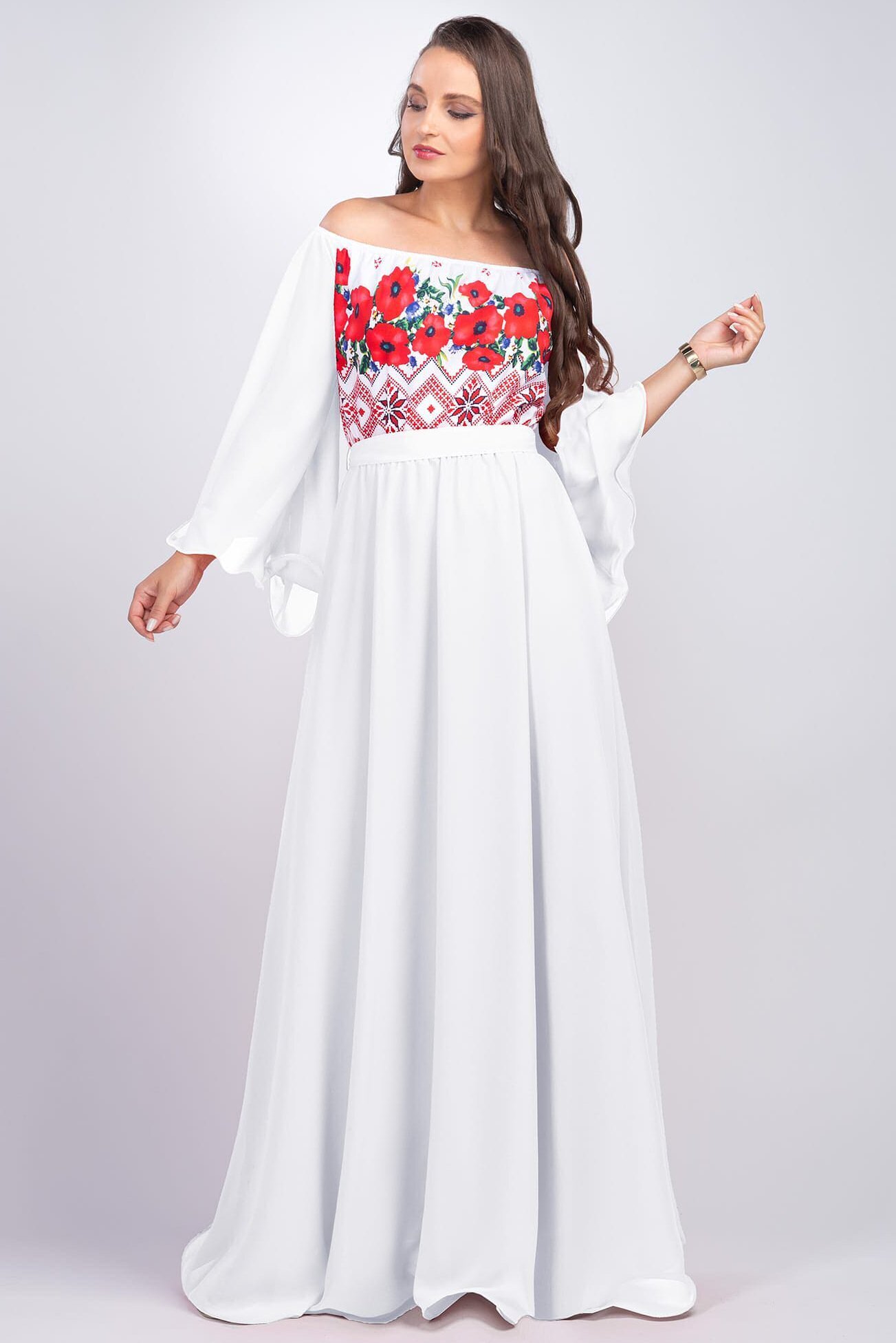 PerDonna Rochie lunga cu motive traditionale alba cu maci rosii din voal vaporoasa Salomeea