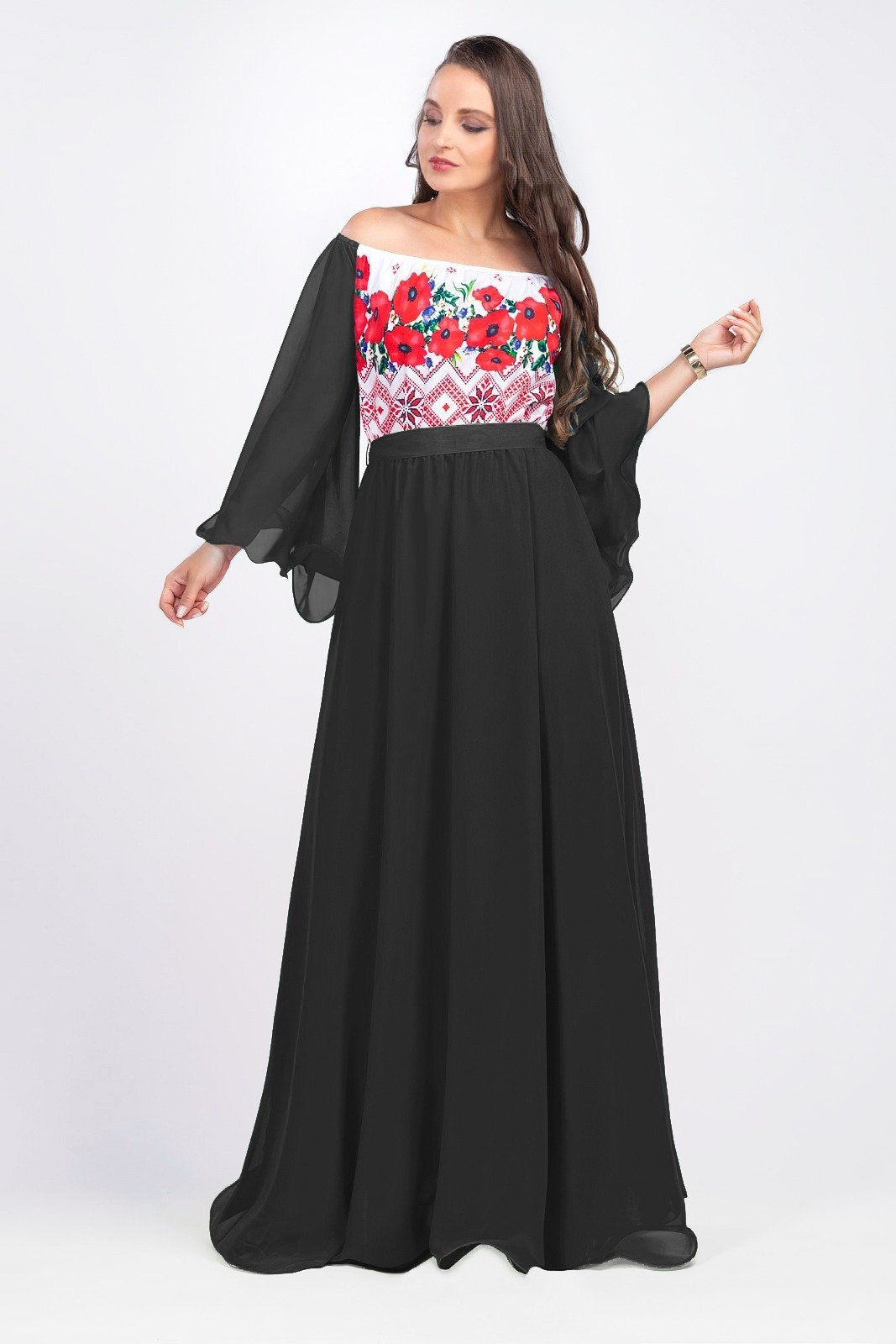 PerDonna Rochie lunga neagra cu motive traditionale cu maci din voal vaporoasa Salomeea