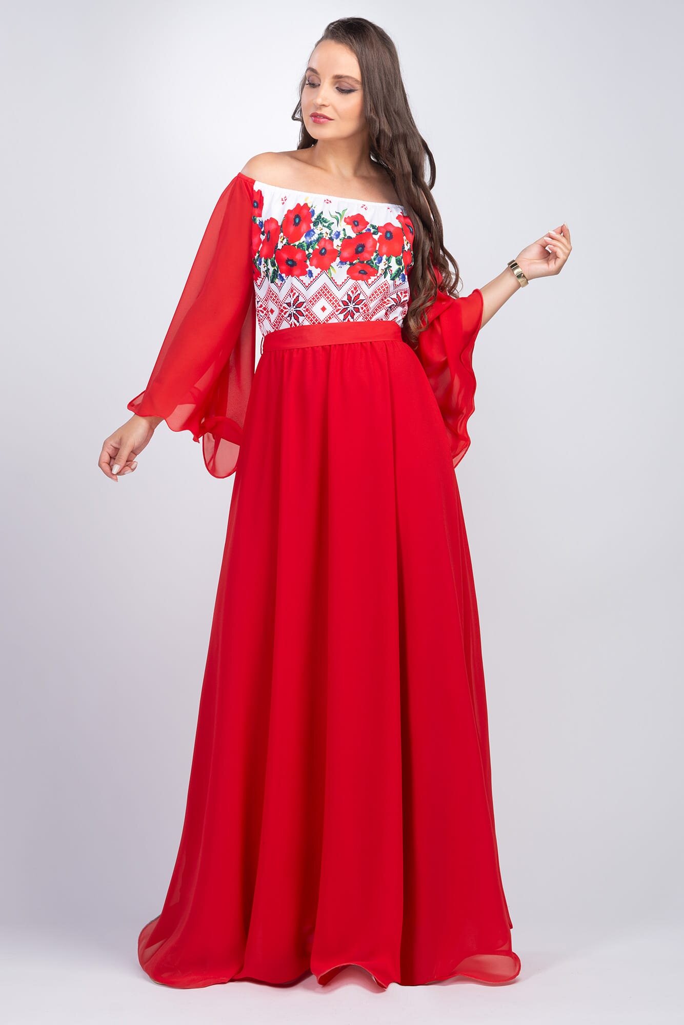 PerDonna Rochie lunga rosie cu motive traditionale cu maci din voal vaporoasa Salomeea