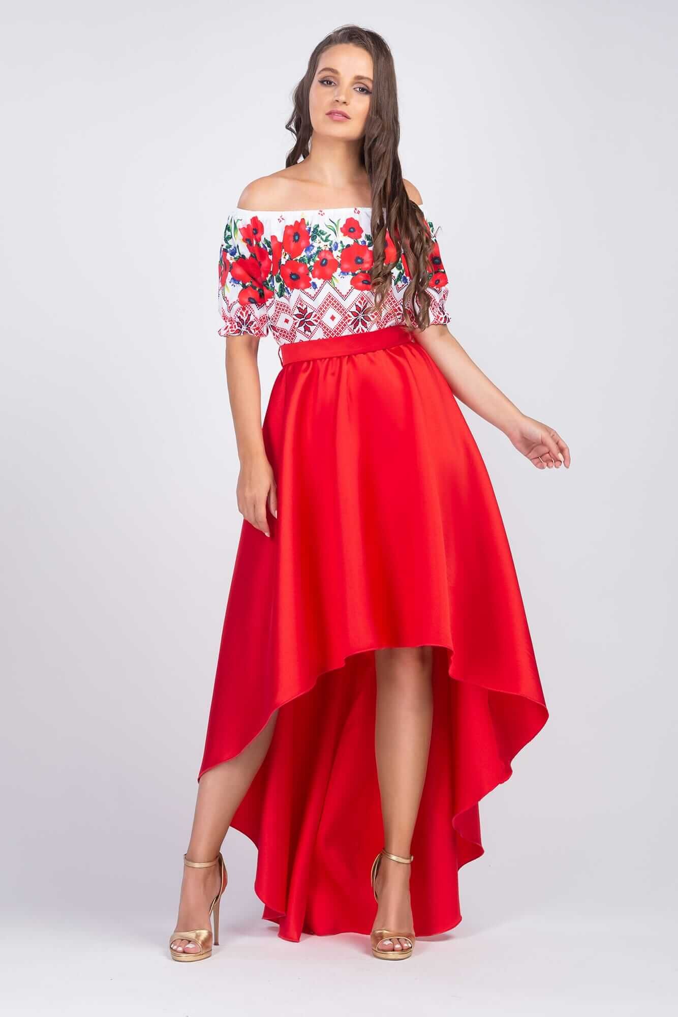 PerDonna Rochie midi rosie cu motive traditionale din tafta cu maci Byanca
