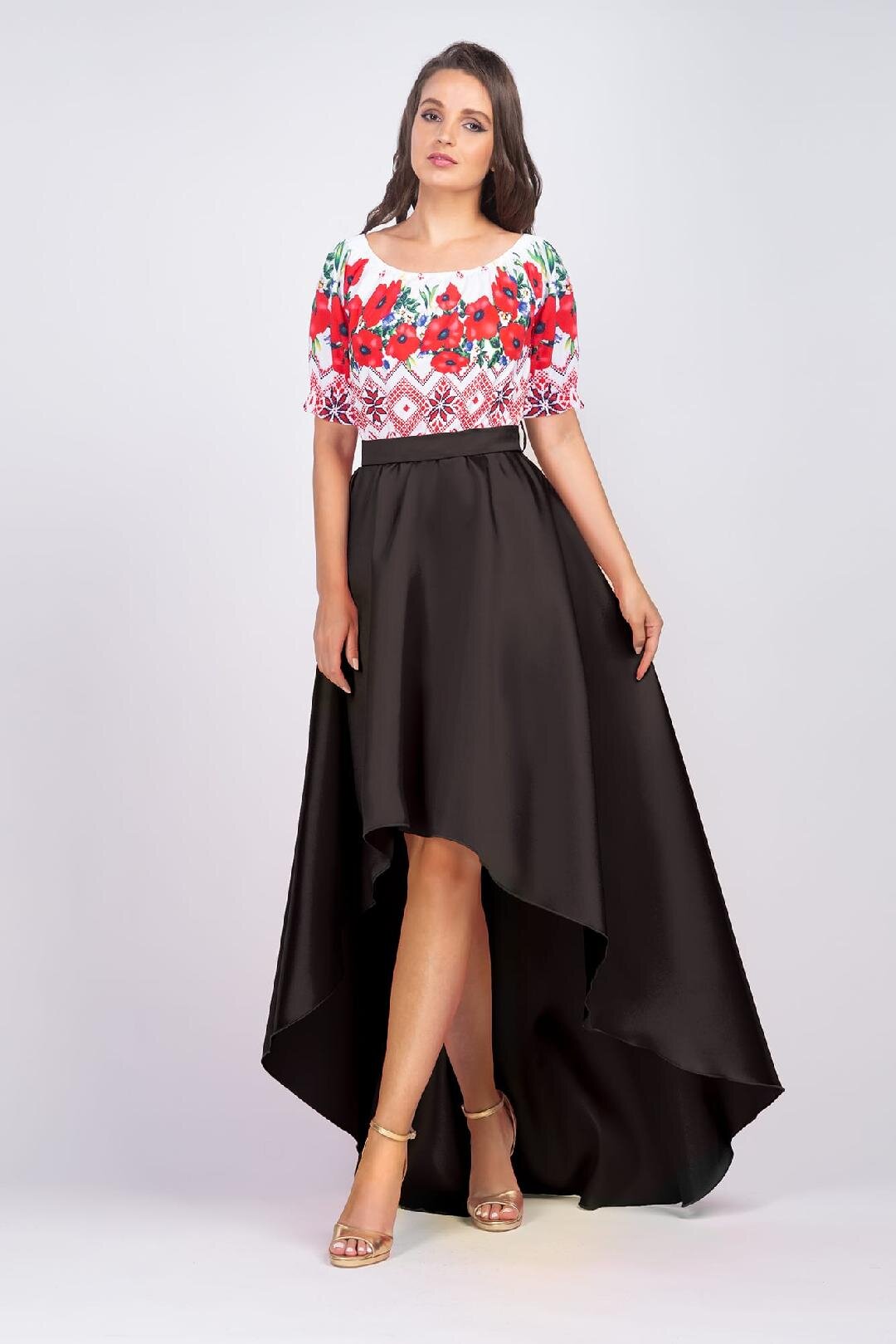 PerDonna Rochie neagra cu motive traditionale din tafta cu maci Byanca