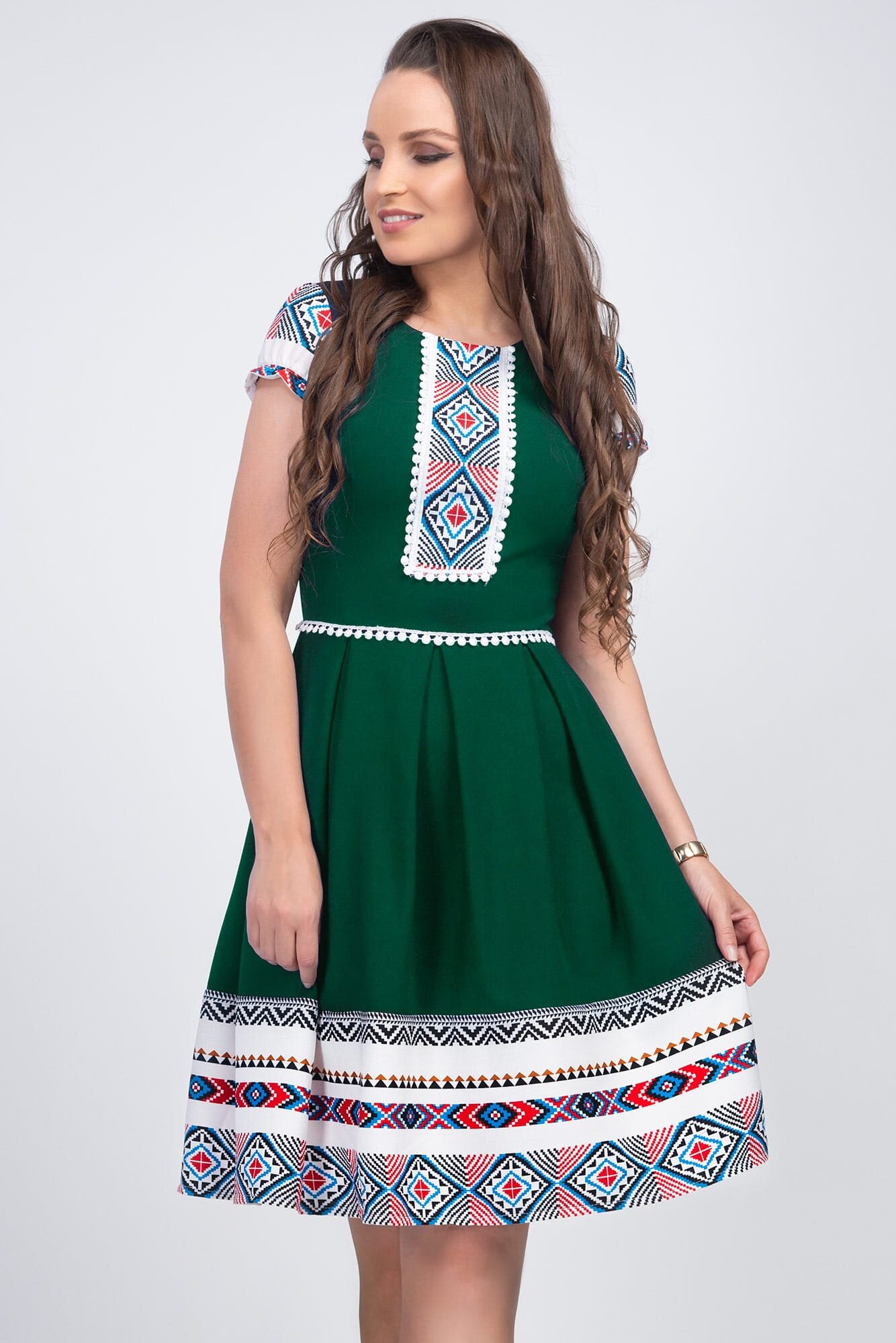 PerDonna Rochie scurta verde cu motive traditionale Doinita