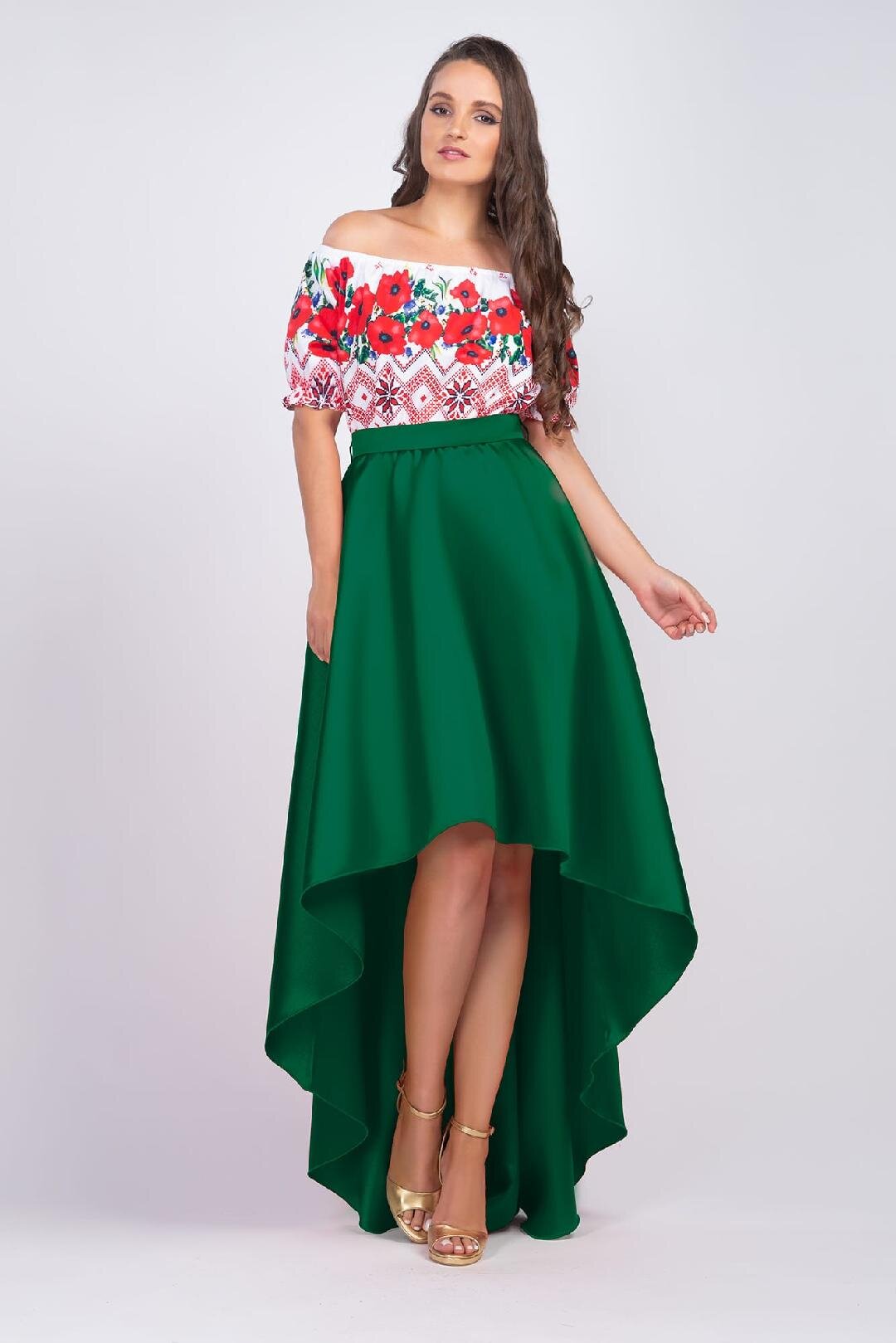 PerDonna Rochie verde cu motive traditionale cu maci din tafta Byanca