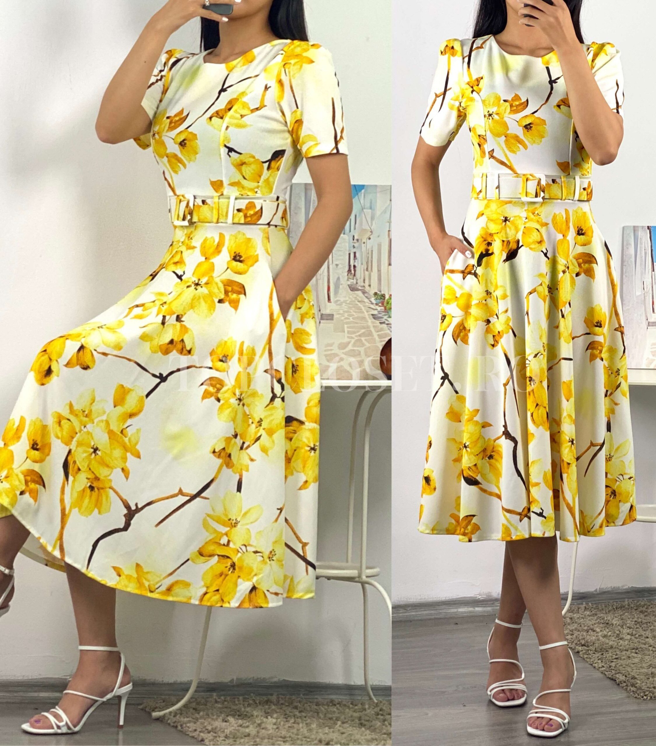  Rochie de vara alba cu flori galbene in clos Adelaide