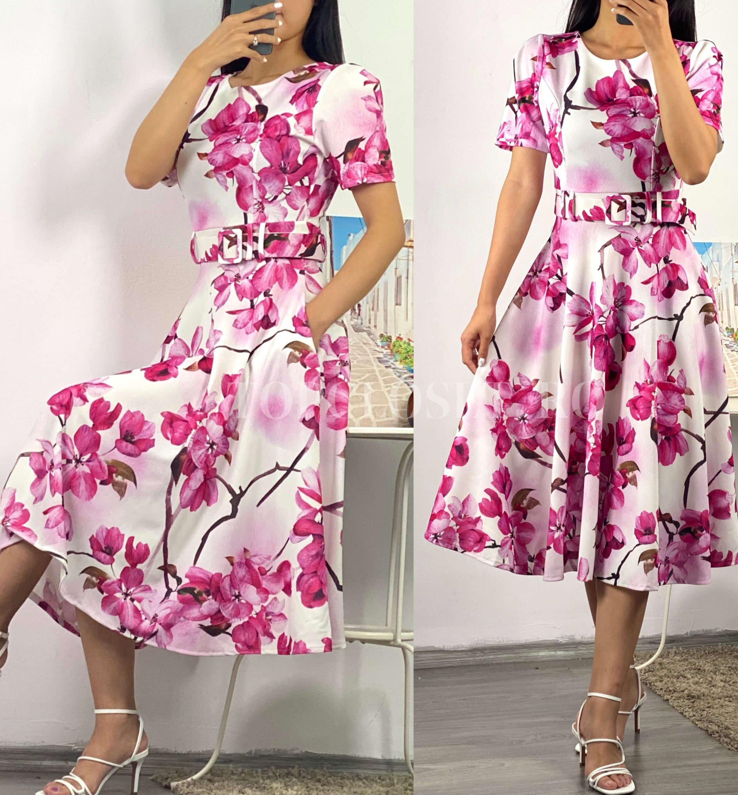  Rochie de vara alba cu flori roz in clos Adelaide