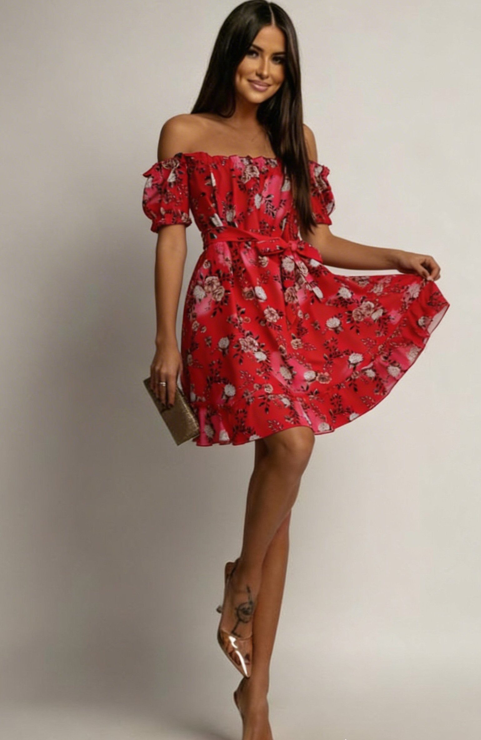  Rochie de vara scurta rosie cu flori in clos Pinky