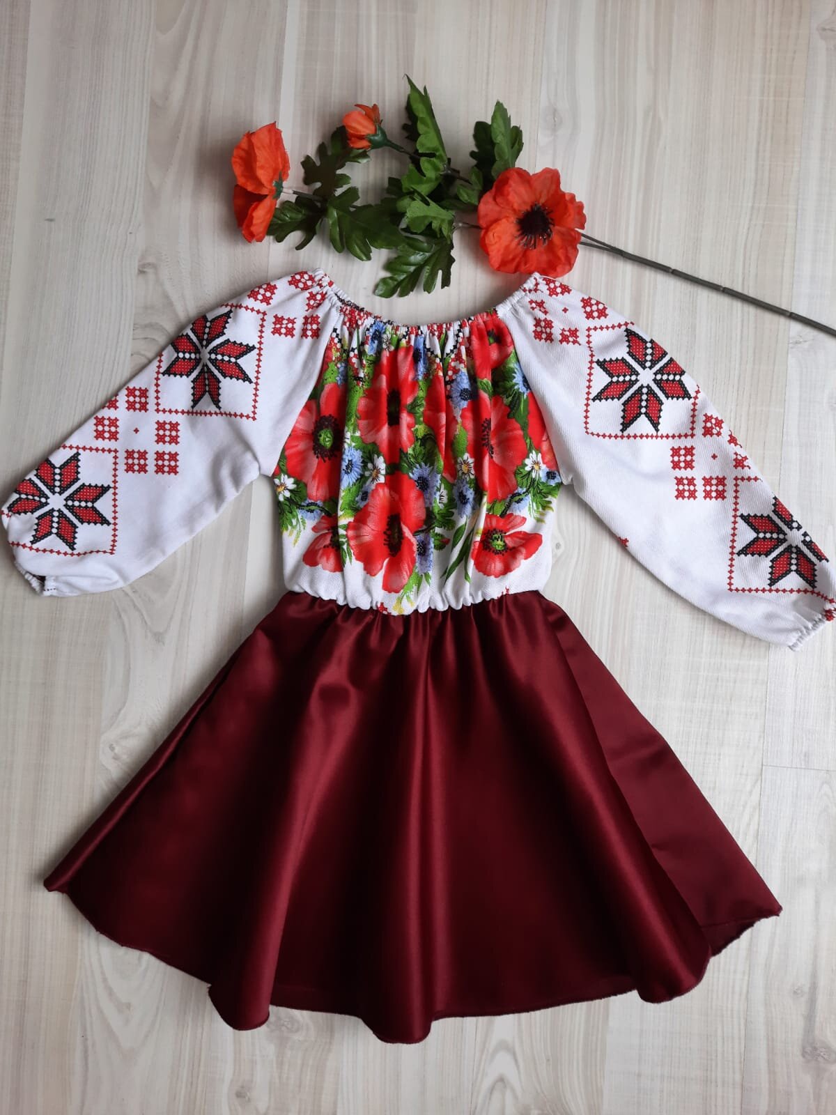  Rochie fata tafta burgundy cu motive traditionale AnnaKid
