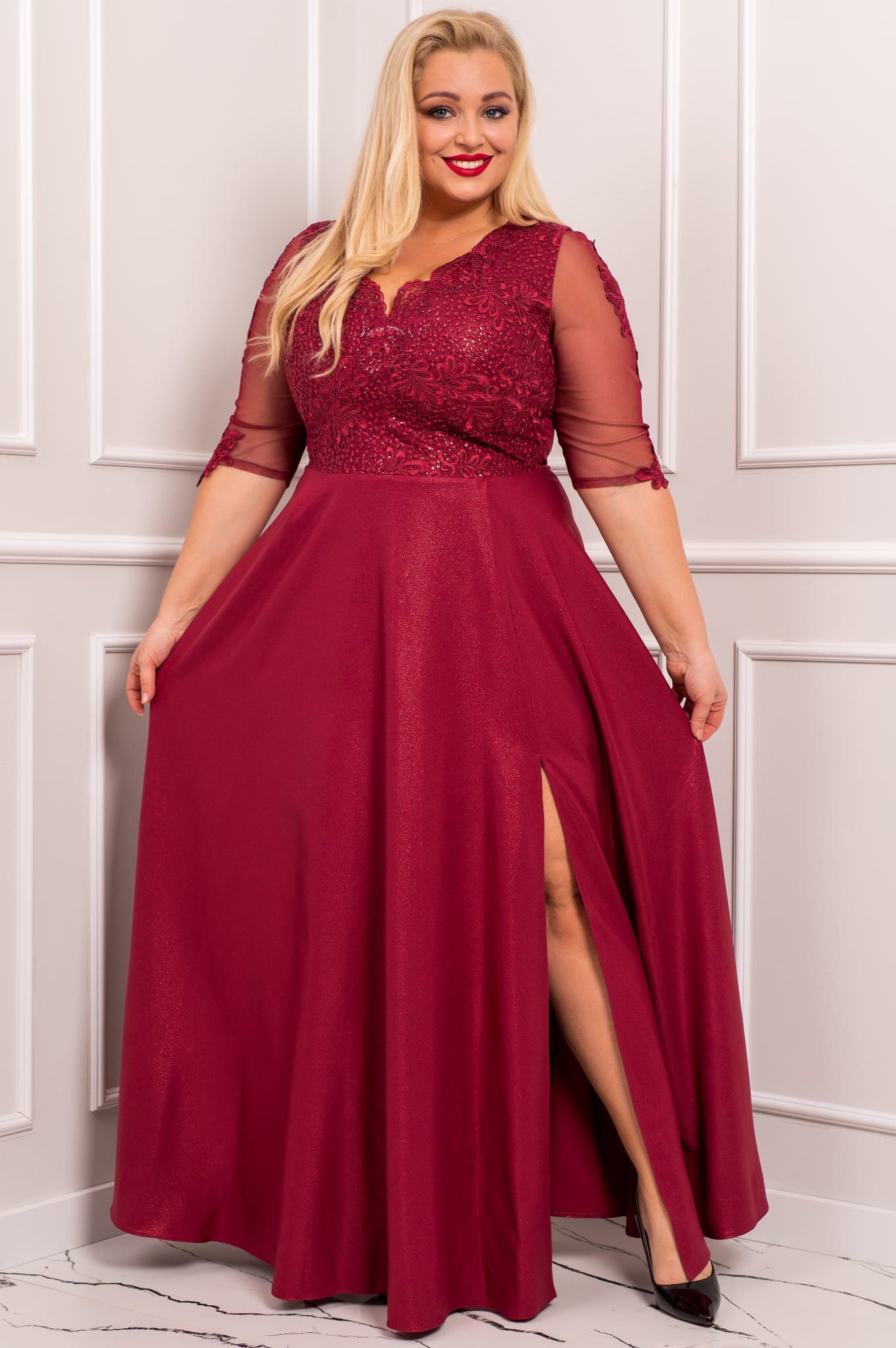  Rochie lunga XXL din dantela si brocard burgundy Adalyze