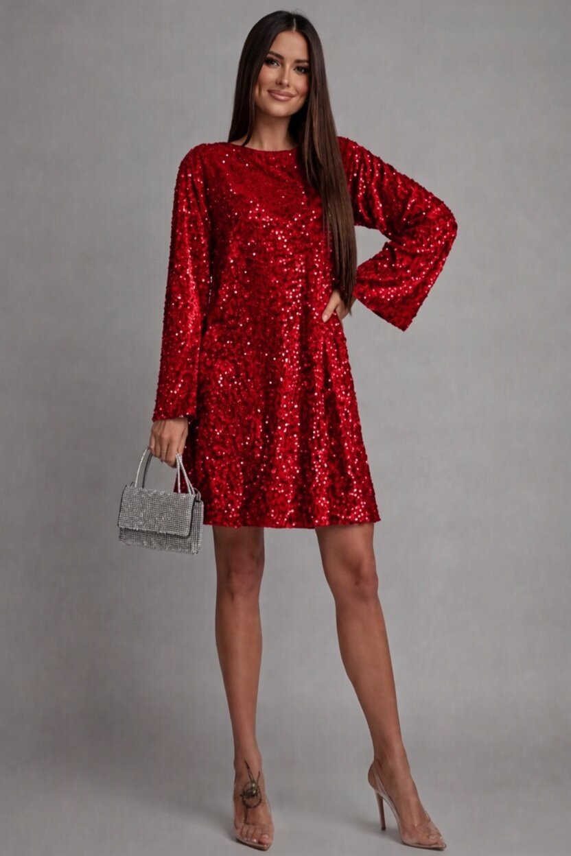  Rochie rosie din catifea cu paiete scurta croi A cu fundița si maneca lunga Glossy