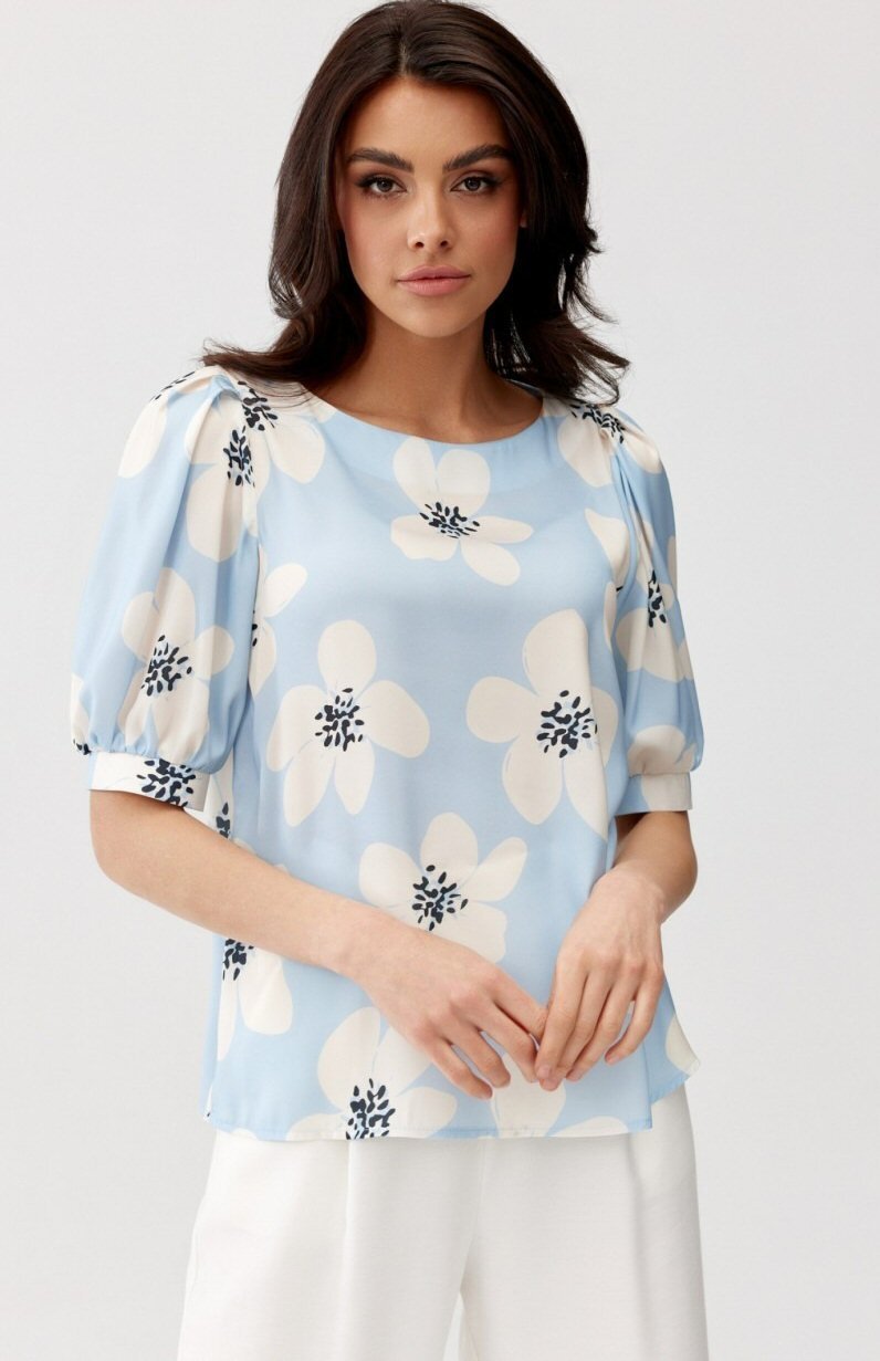 Roco Fashion Bluza dama eleganta bleu cu flori vaporoasa JennaR