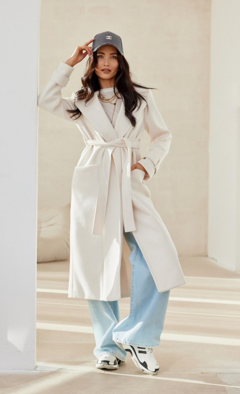Roco Fashion Palton dama elegant lung alb cu buzunare si cordon Katsy
