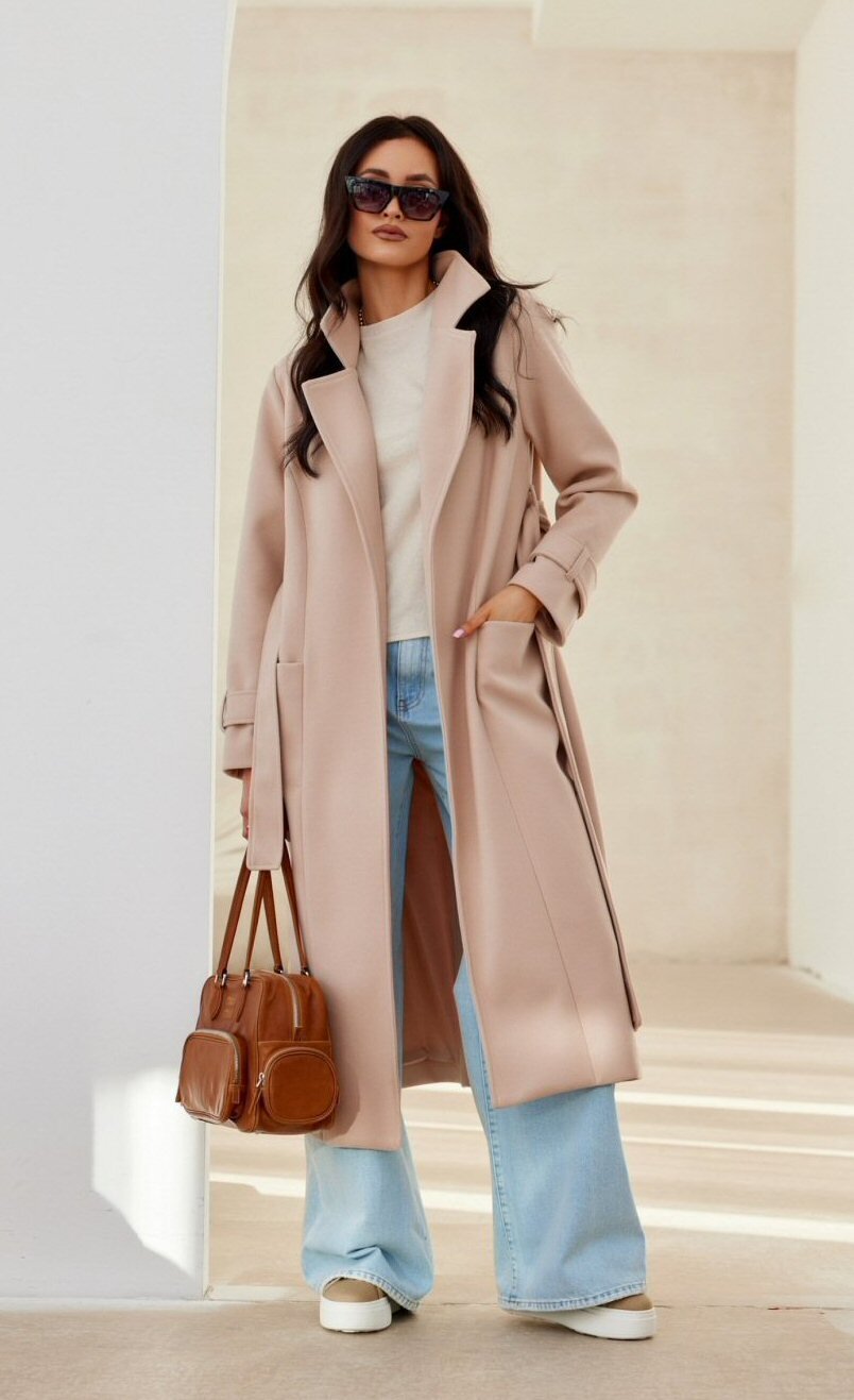 Roco Fashion Palton dama elegant lung bej cu buzunare si cordon Katsy