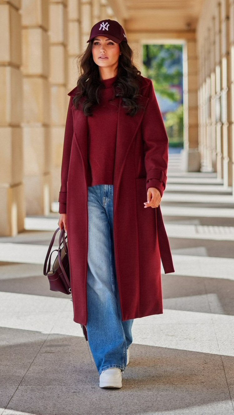 Roco Fashion Palton dama elegant lung clasic burgundy cu buzunare si cordon Vanora