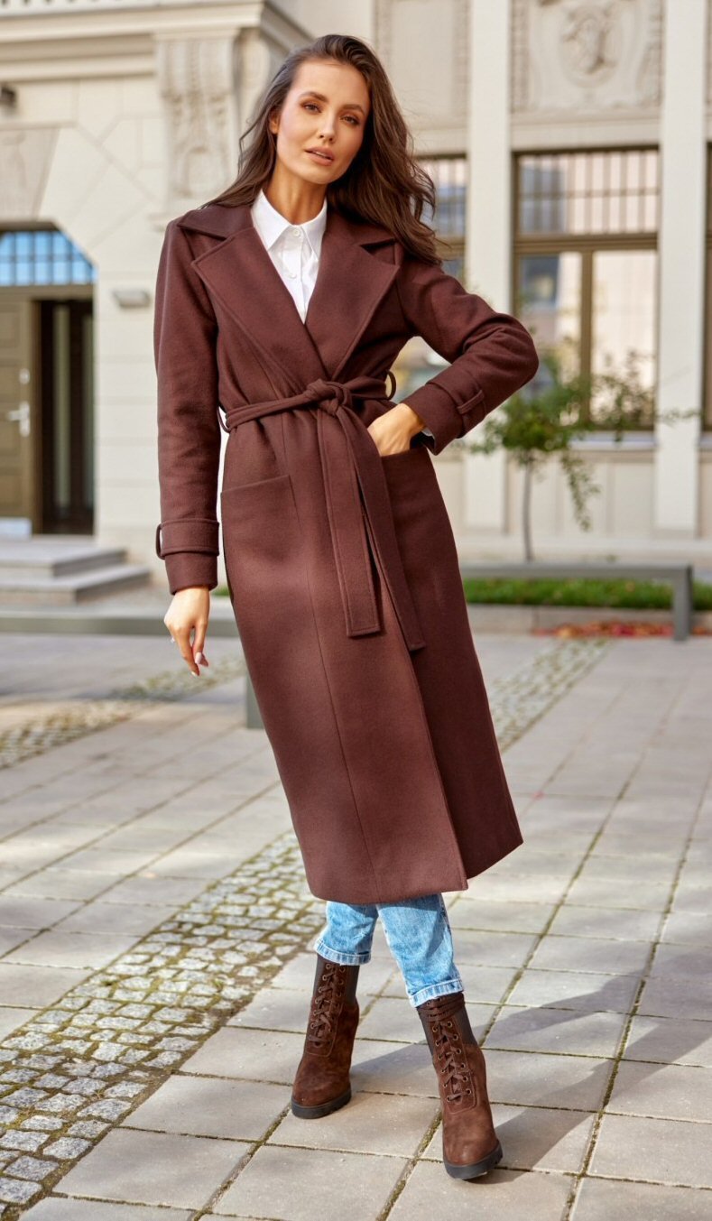 Roco Fashion Palton dama elegant lung maro clasic cu buzunare si cordon Vanora