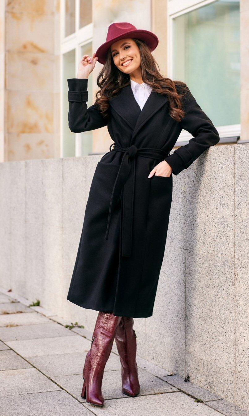 Roco Fashion Palton dama elegant lung negru clasic cu buzunare si cordon Vanora