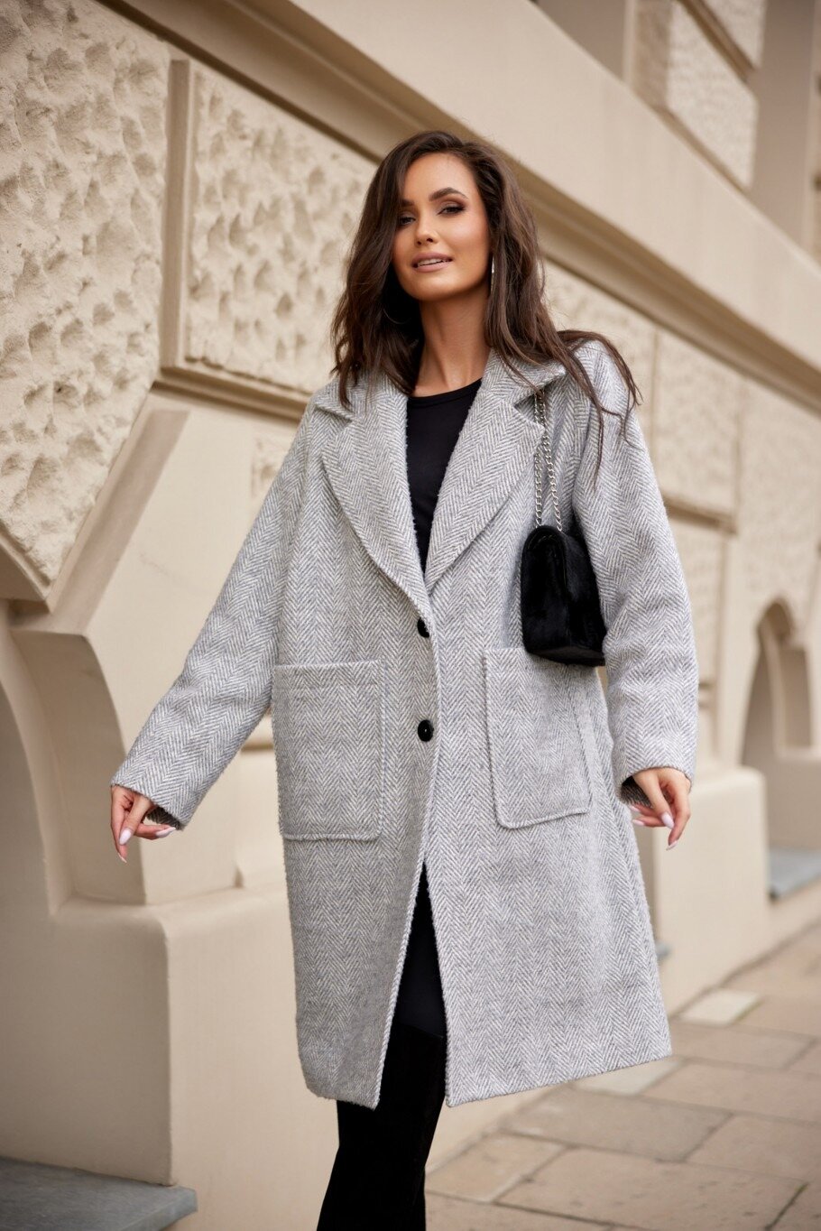 Roco Fashion Palton dama midi oversize gri cu buzunare aplicate Francys