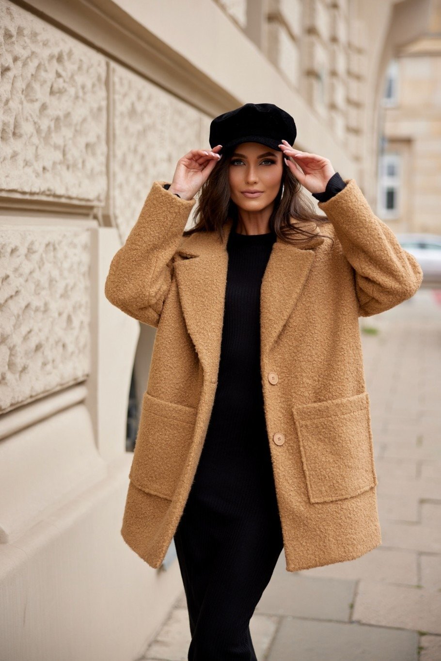 Roco Fashion Palton dama scurt caramel oversize cu buzunare aplicate Sanchez