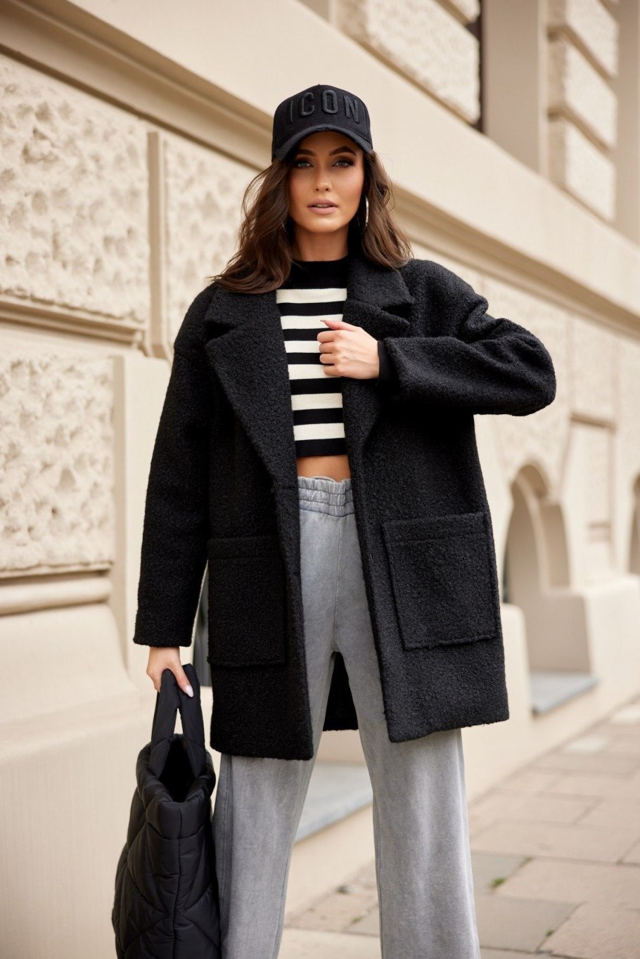 Roco Fashion Palton dama scurt negru oversize cu buzunare aplicate Sanchez
