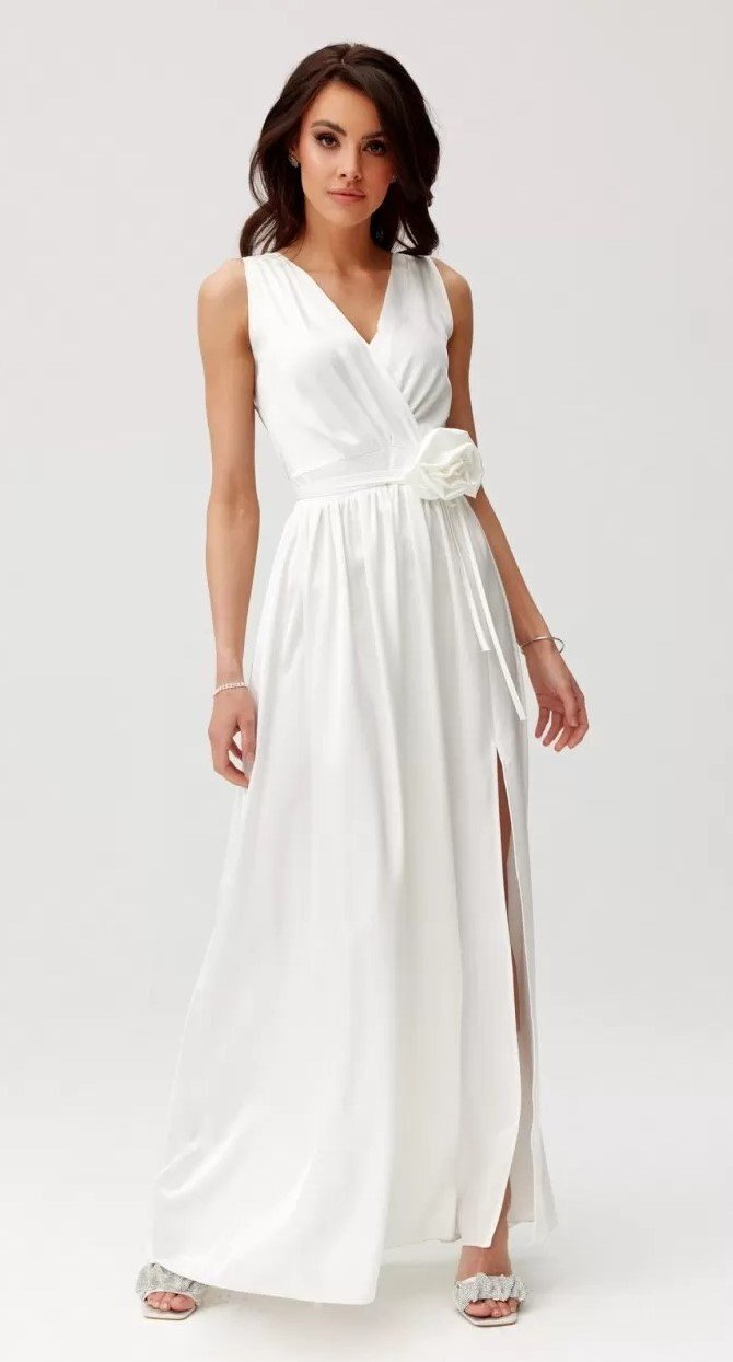 Roco Fashion Rochie cununie civila lunga din satin alba cu floare in talie PalomaR