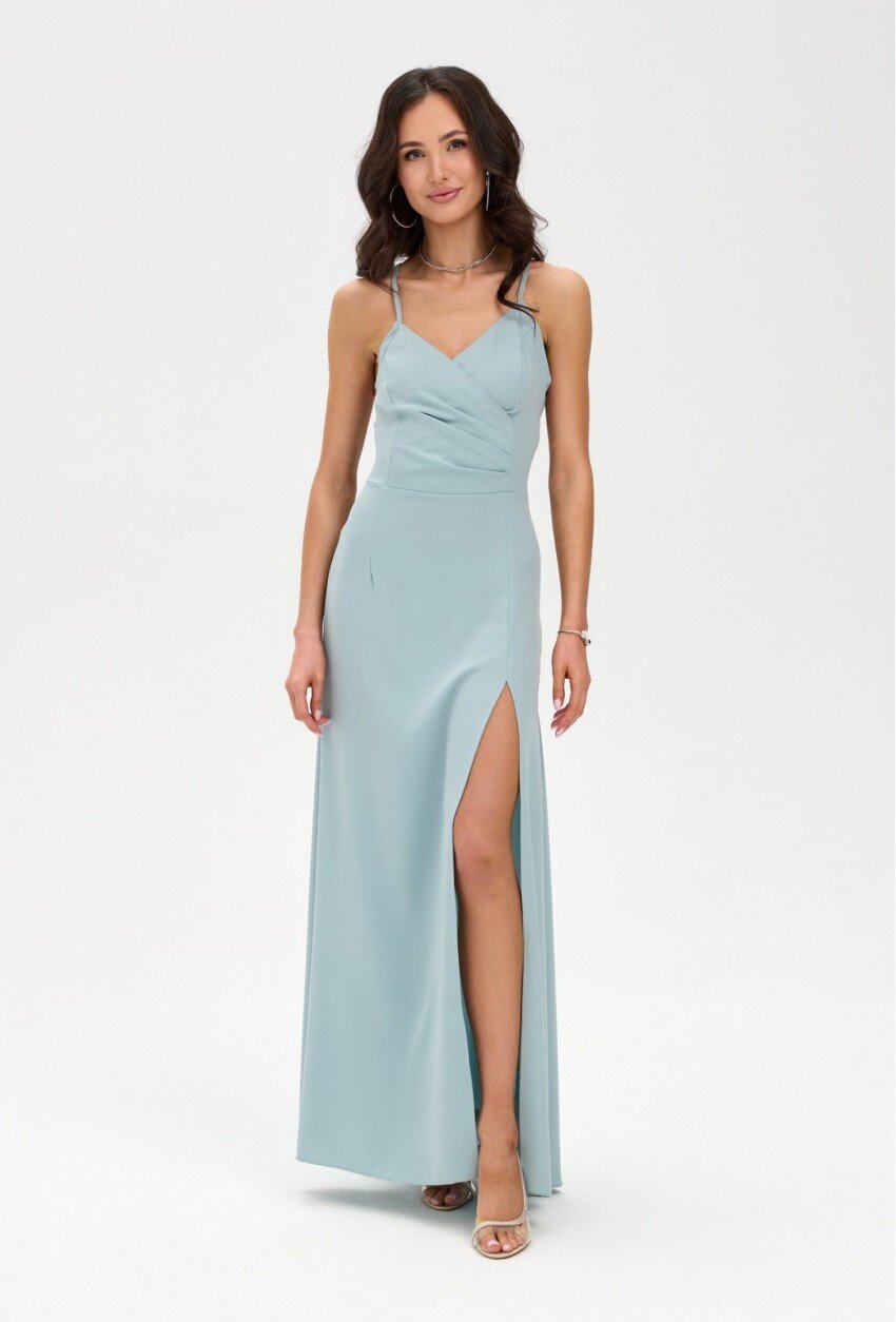 Roco Fashion Rochie de ocazie lunga menta crapata pe picior cu spatele gol LivianaR