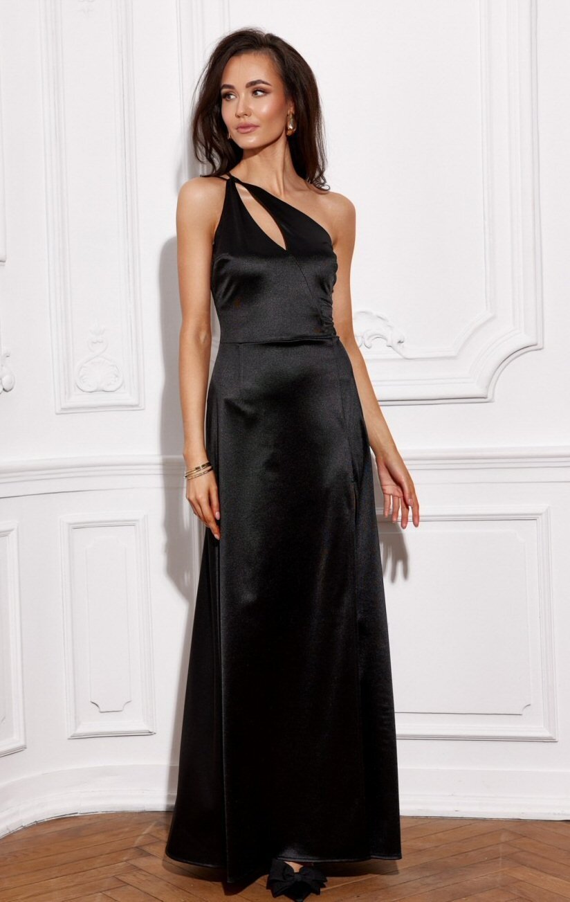 Roco Fashion Rochie de ocazie lunga neagra din satin crapata pe picior MoanaR