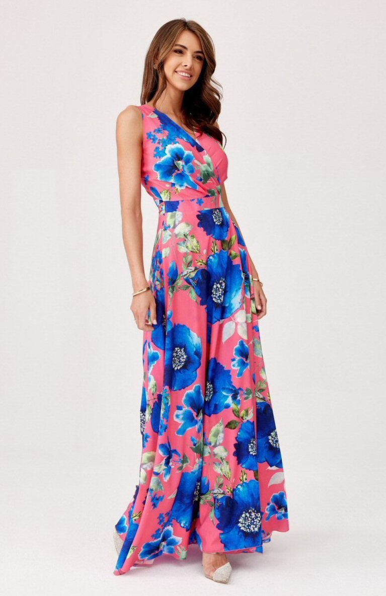 Roco Fashion Rochie de vara lunga corai cu flori albastre vaporoasa petrecuta Nastia