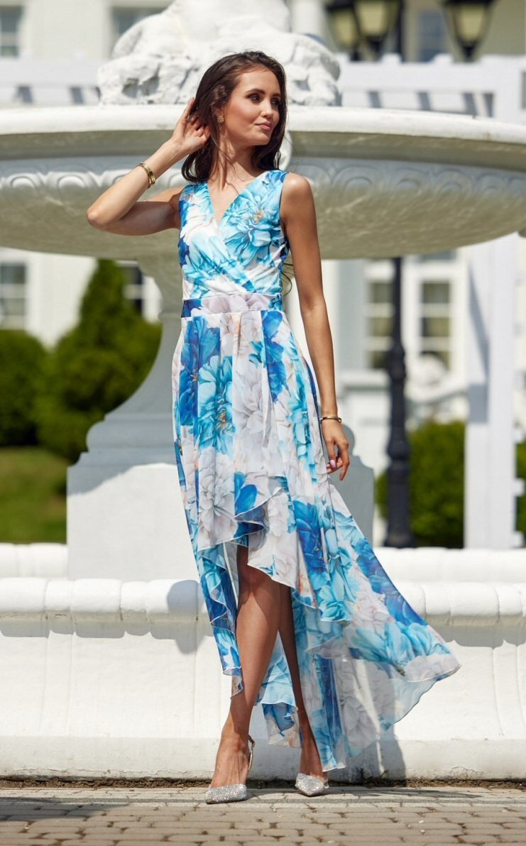 Roco Fashion Rochie de vara lunga din chiffon ecru cu flori bleu vaporoasa Mirla