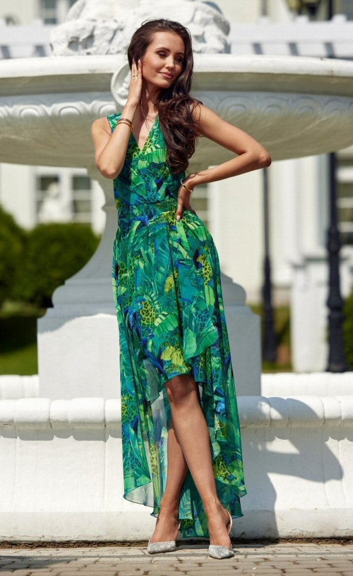 Roco Fashion Rochie de vara lunga din chiffon verde cu print multicolor asimetrica vaporoasa Mirla