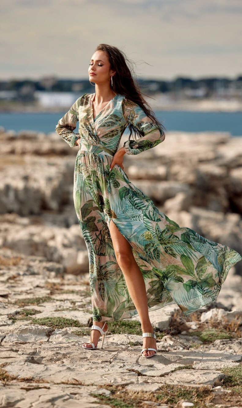 Roco Fashion Rochie de vara lunga din voal kaki multicolor cu maneca lunga Anamaria