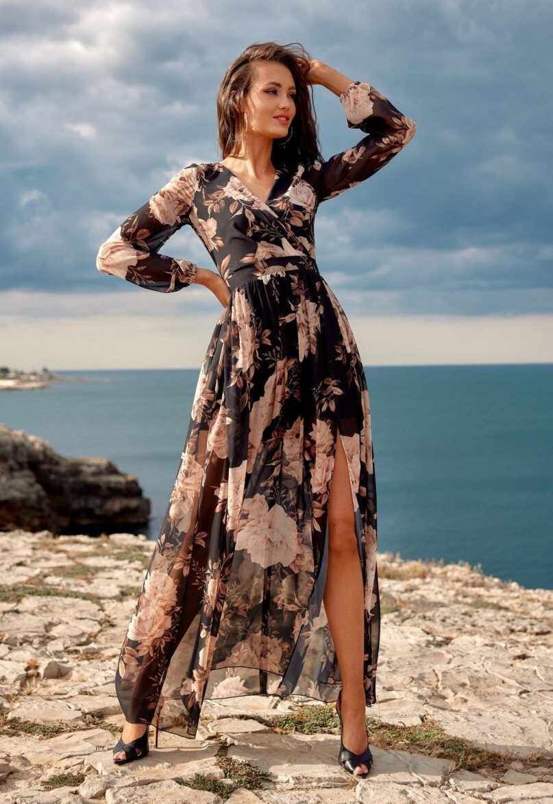 Roco Fashion Rochie de vara lunga din voal neagra cu flori vaporoasa cu maneca lunga Anamaria
