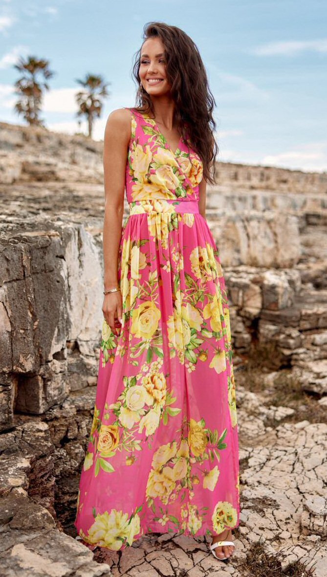 Roco Fashion Rochie de vara lunga din voal roz cu flori galbene vaporoasa Brietta