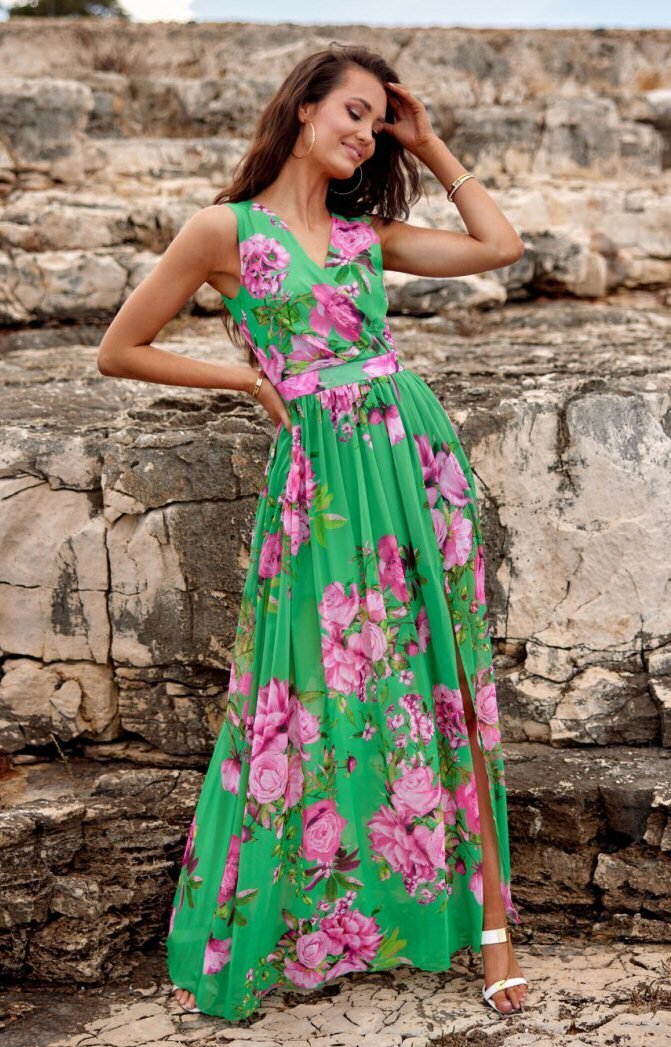 Roco Fashion Rochie de vara lunga din voal verde cu flori roz vaporoasa Brietta