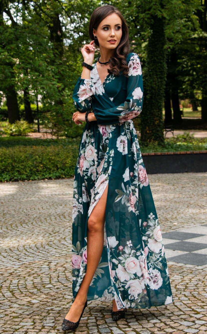 Roco Fashion Rochie de vara lunga din voal verde smarald cu flori vaporoasa cu maneca lunga Anamaria