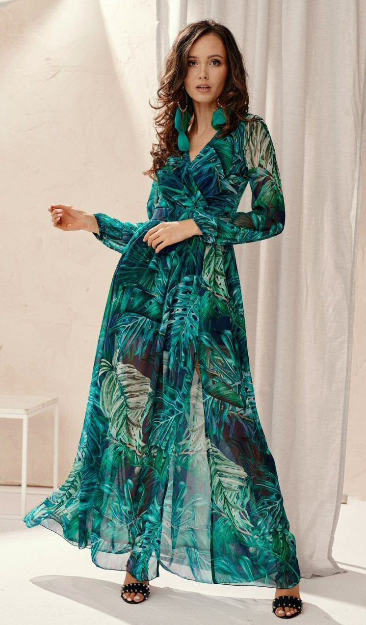 Roco Fashion Rochie de vara lunga din voal verde vaporoasa cu maneca lunga Anamaria